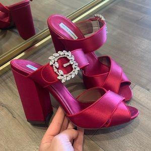 Tabitha Simmons red satin mules